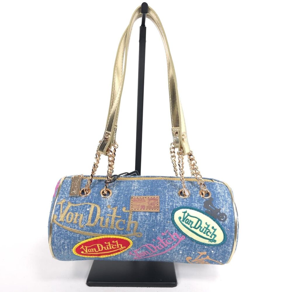 VON DUTCH Women New Shoulder Long Barrel Bag Patches Rhinestone Chain Denim Purs